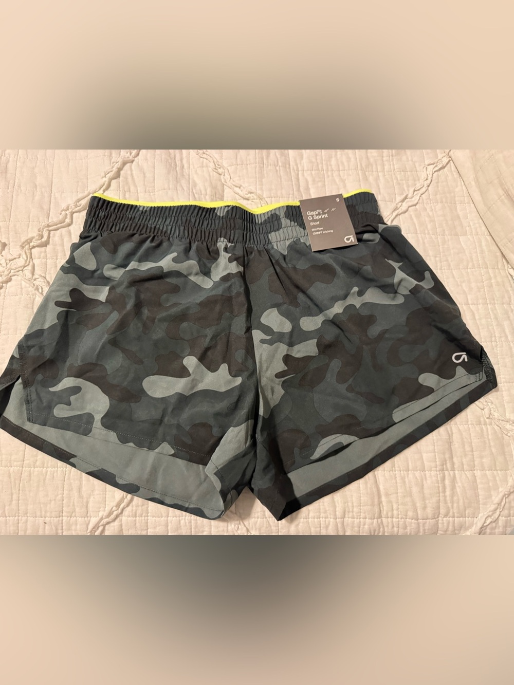 Gap Fit Camo green running shorts. G sprint.  Built in brief.